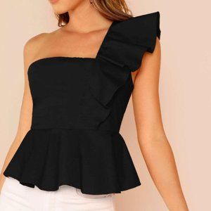 One Shoulder Ruffle Trim Peplum Blouse (XS)